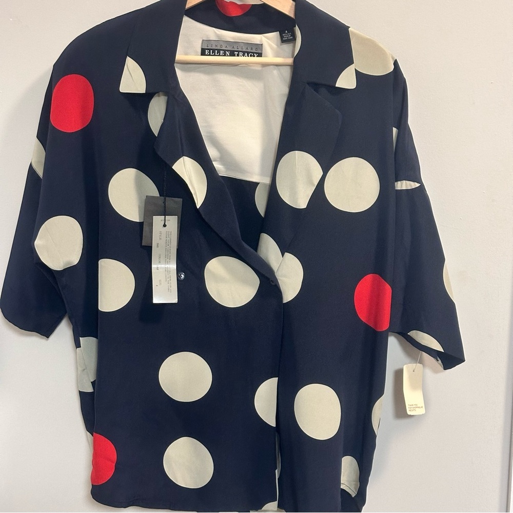 VTG Ellen Tracy Silk Tunic Top Blue/red/white  V-Plunge long Sleeve Polk A Dots